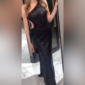 Le Samiane One Shoulder Black Sequin Gown